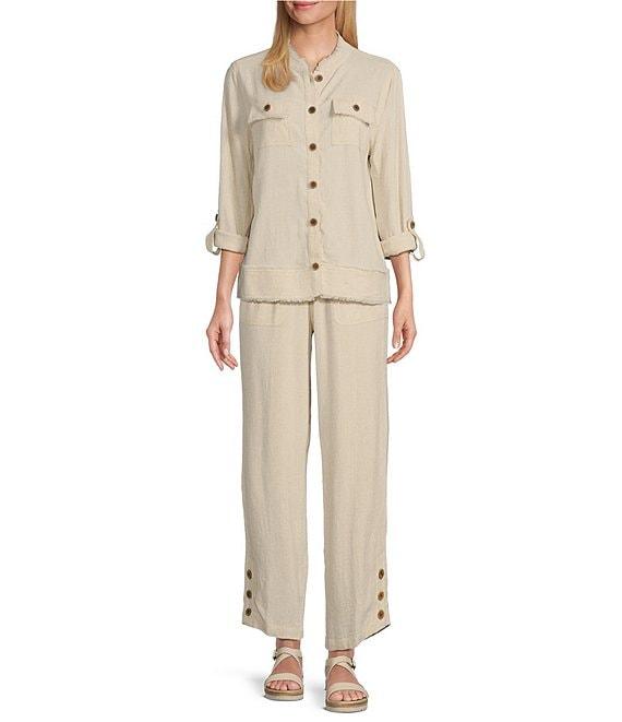 Multiples Solid Linen-Blend Stand Collar Long Roll-Tab Sleeve Button-Front Fitted Coordinating Shirt Product Image