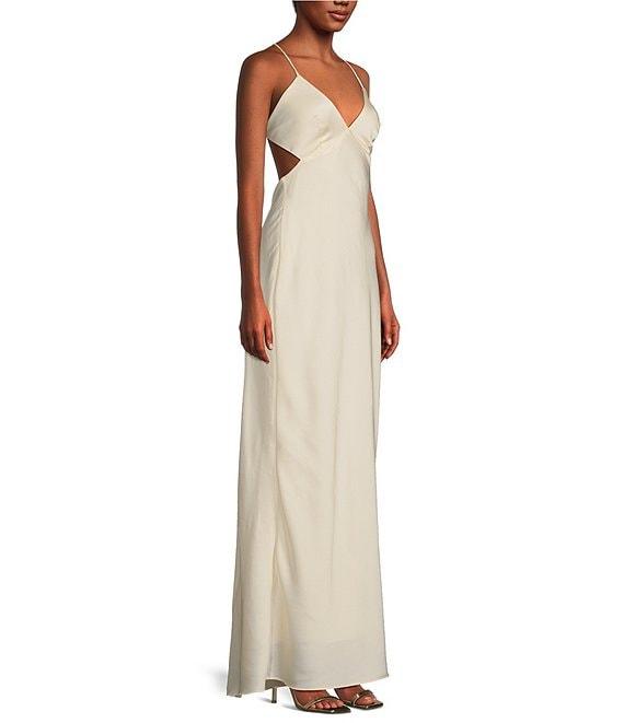 B. Darlin Bubble Satin V-Neck Spaghetti Strap Criss Cross Back Long Dress Product Image