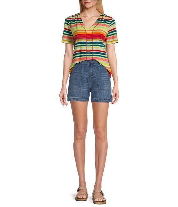 Westbound Shimmering Stripe Short Sleeve V-Neck Top Product Image