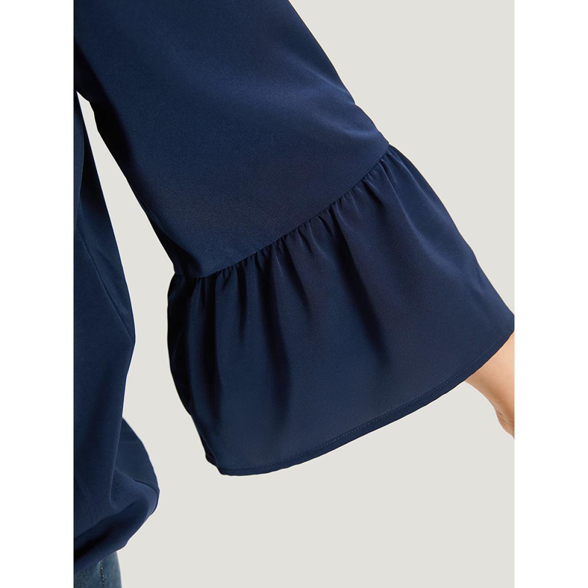 Plus Size Indigo Anti-Wrinkle Plain Surplice Neck Bell Sleeve Blouse Women Office Elbow-length sleeve V-neck Office Blouses BloomChic 28/5X Product Image