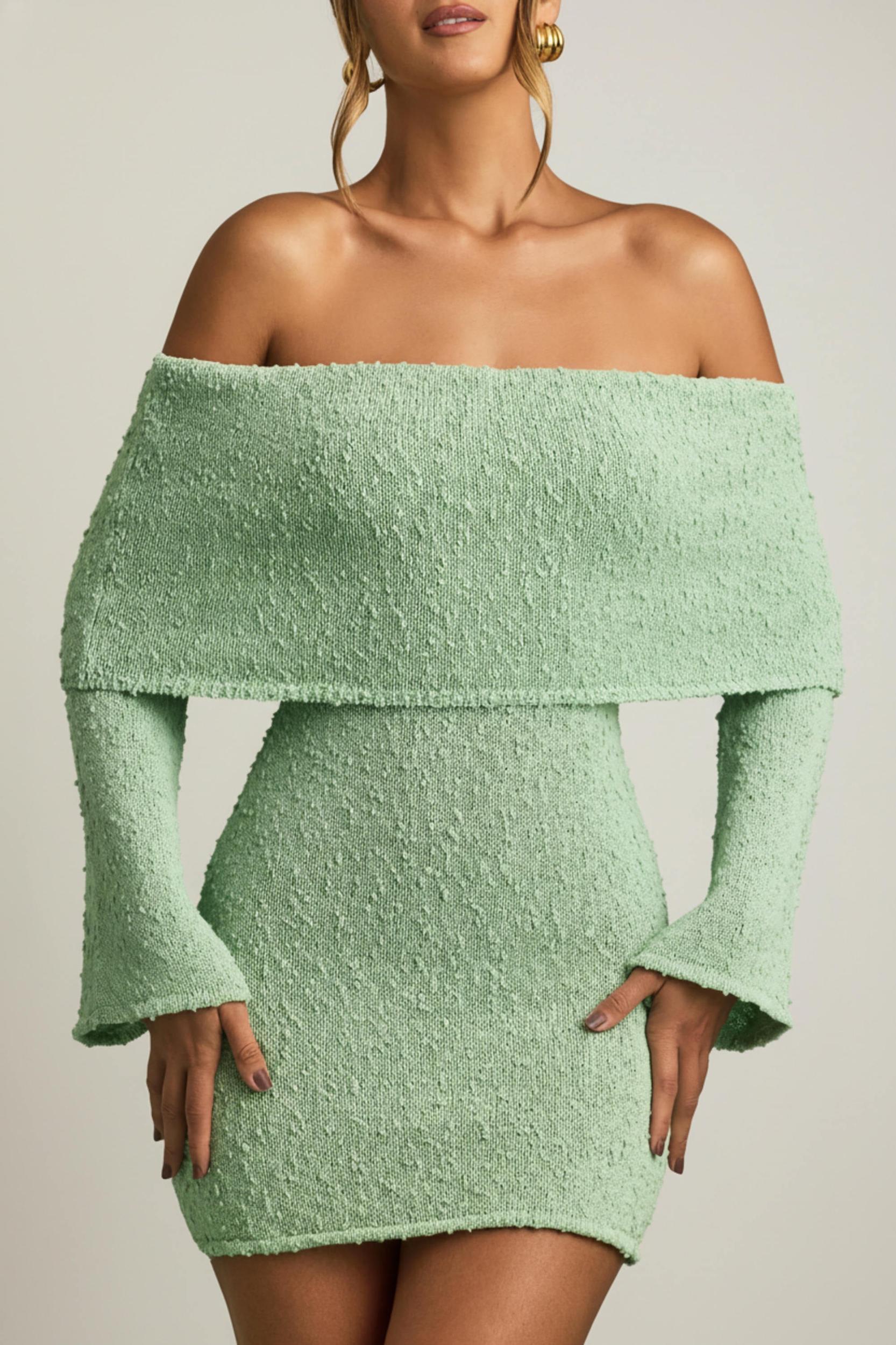 Bouclé Off-Shoulder Mini Dress in Mint Product Image