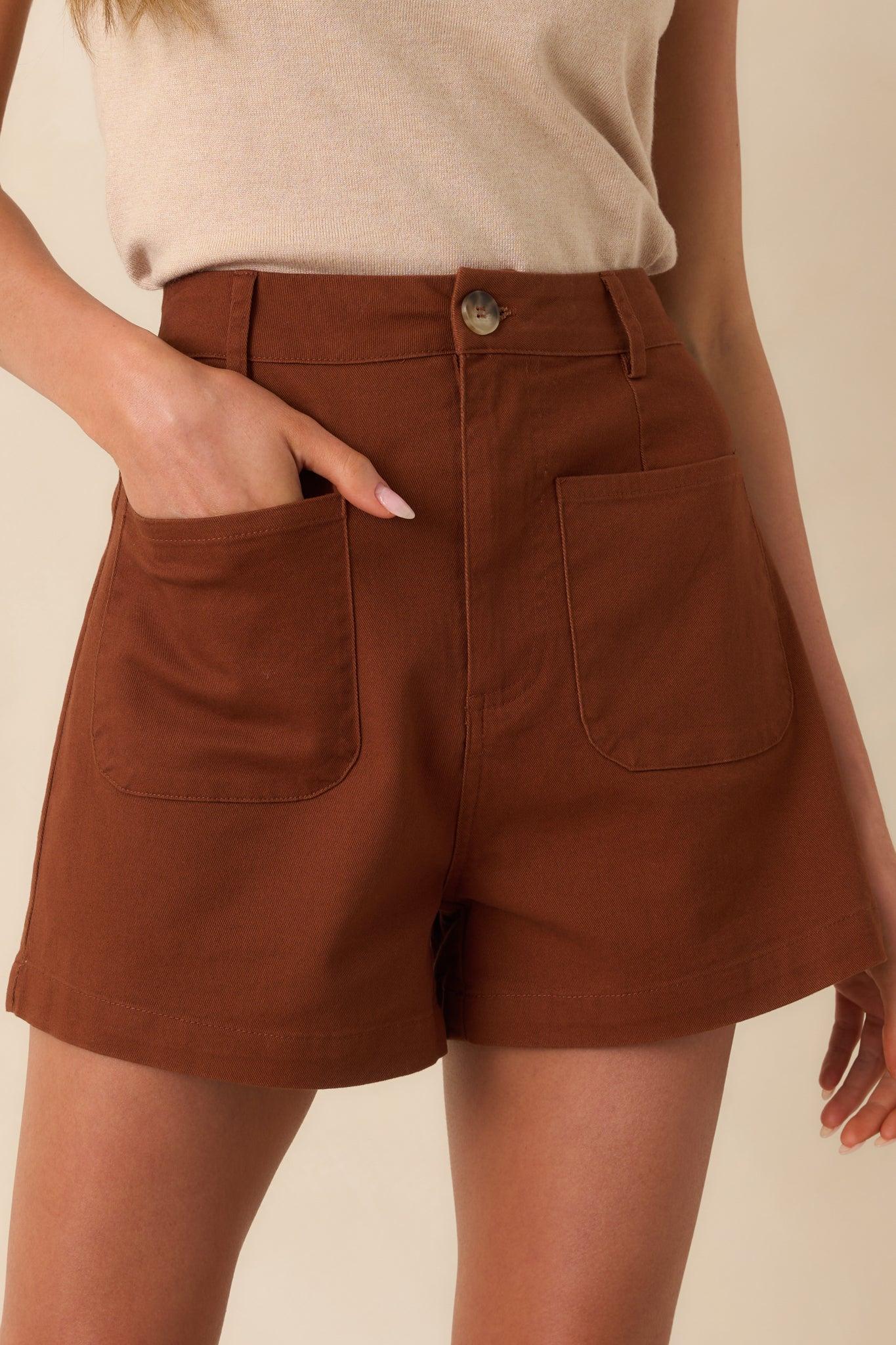For The Moment Cinnamon Brown Cotton High Waisted Patch Pocket Shorts L / Cinnamon Product Image