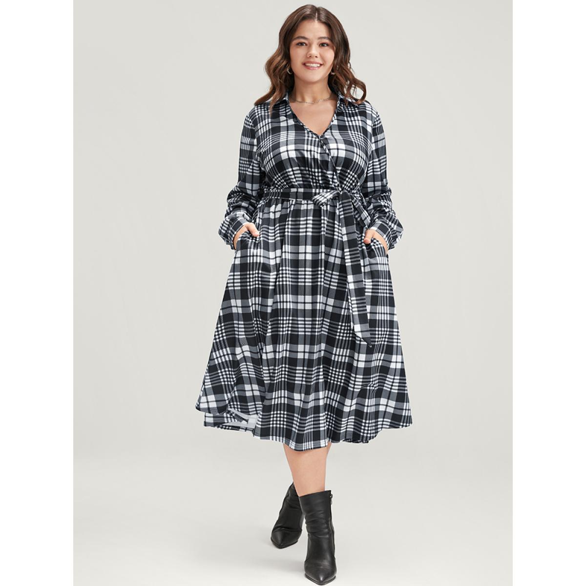 Plus Size Plaid Surplice Neck Lantern Sleeve Pocket Belt Midi Dress Black Women At the Office Elastic Waist V-neck Long Sleeve Curvy Midi Dress BloomChic 12/L Product Image