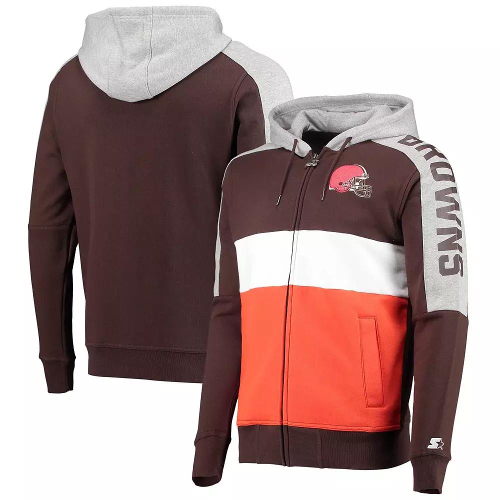 Men's Starter Brown/Orange Cleveland Browns Playoffs Color Block Full-Zip Hoodie, Size: Medium Product Image
