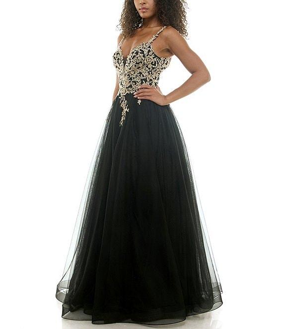 B. Darlin Sleeveless Spaghetti Strap Embellished Embroidered Ball Gown Product Image