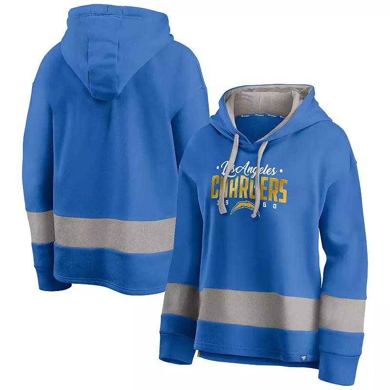 Women's Fanatics Powder Blue/Gray Los Angeles Chargers Huddle Up Fundamental Fleece Color Block Pullover Hoodie, Size: 3XL, Light Product Image