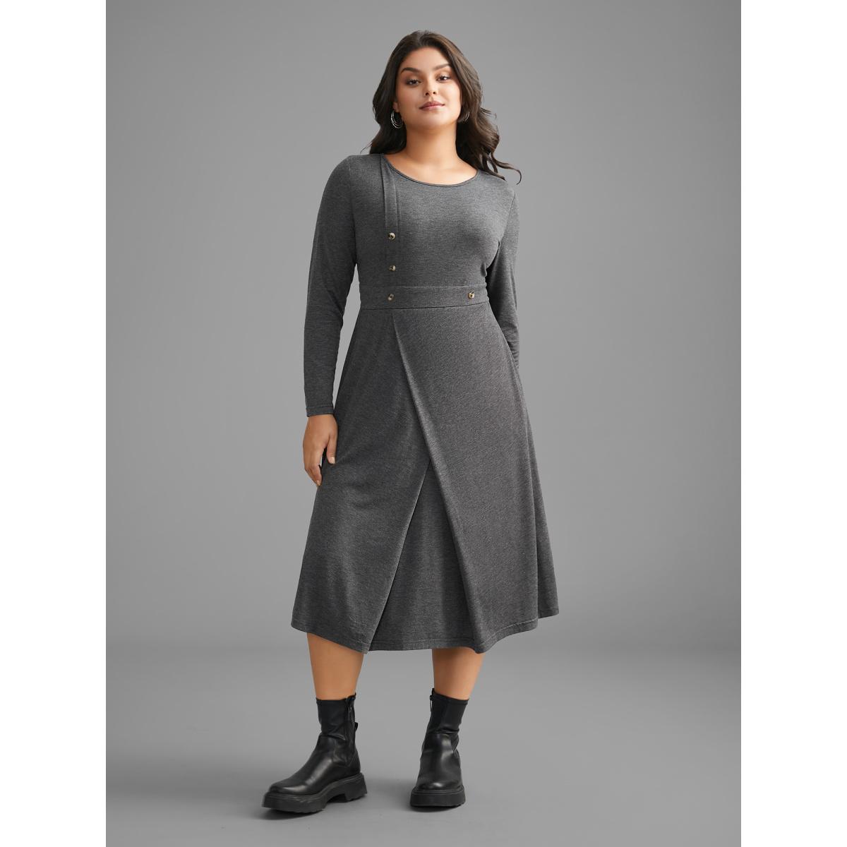 Plus Size Solid Button Detail Wrap Hem Knit Dress DarkGray Women Casual Overlapping Knit Dresses Bloomchic 14-16/1X Product Image