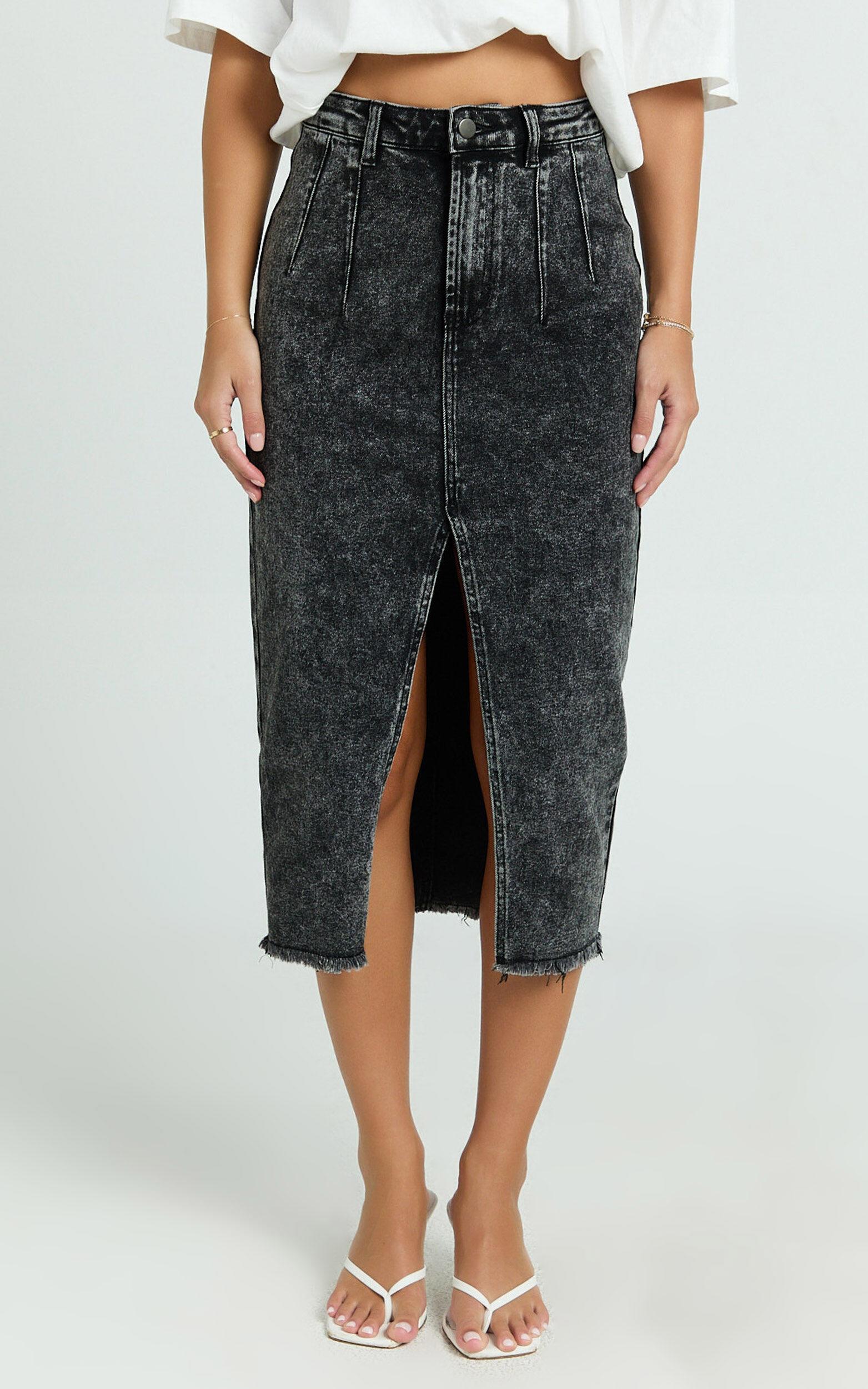 Janeve Midi Skirt - Front Split Denim Skirt in Black Acid Wash Product Image