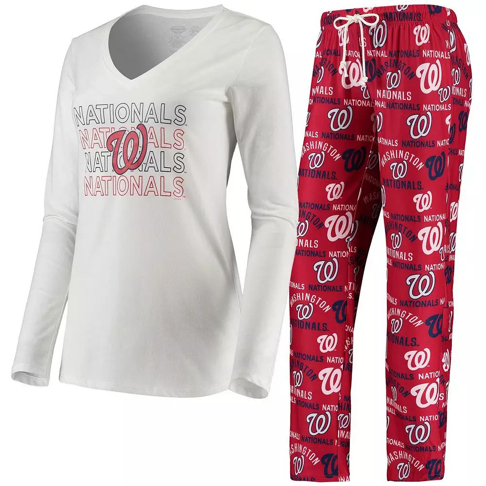 Women's Concepts Sport White/Red Washington Nationals Flagship Long Sleeve V-Neck T-Shirt & Pants Sleep Set, Size: Large Product Image