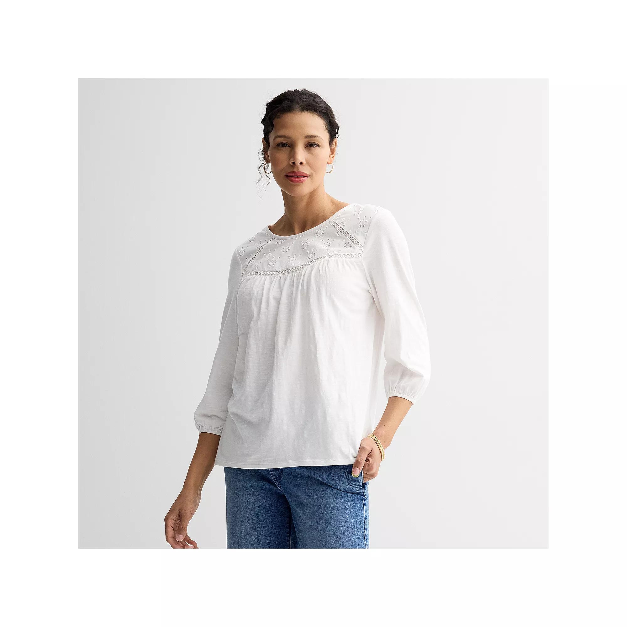 Women's Croft & Barrow® Three-Quarter Sleeve Eyelet Yoke Top, Size: Small, Blue Product Image