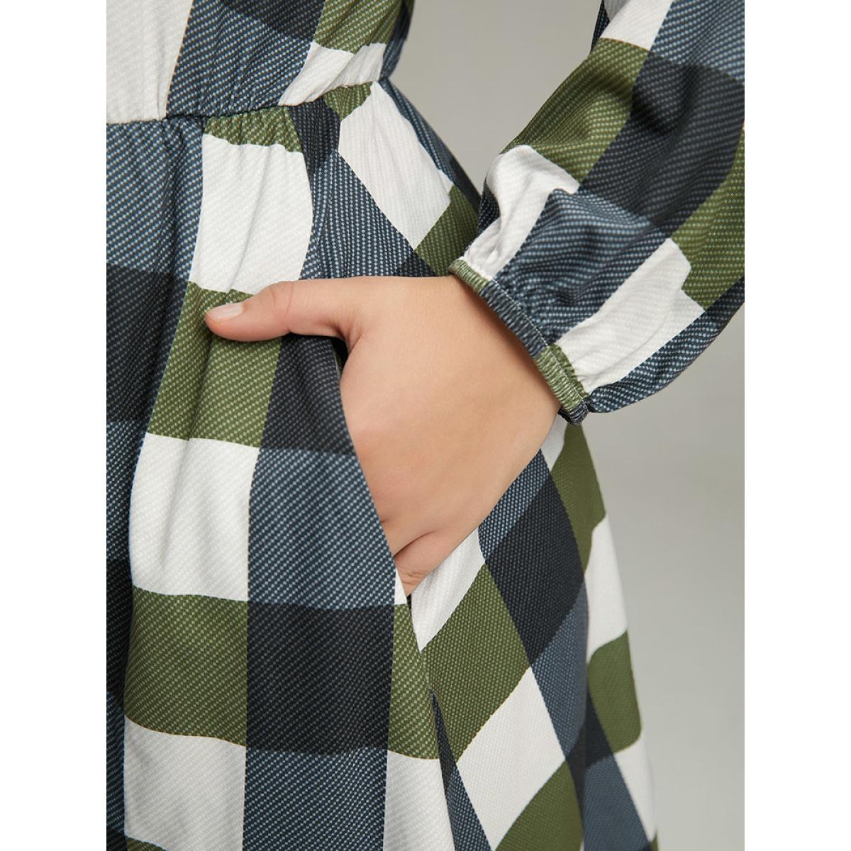 Plus Size Plaid Lantern Sleeve Ruffle Hem Dress DimGray Women Casual Elastic cuffs Scoop Neck Long Sleeve Curvy Midi Dress BloomChic 12/L Product Image