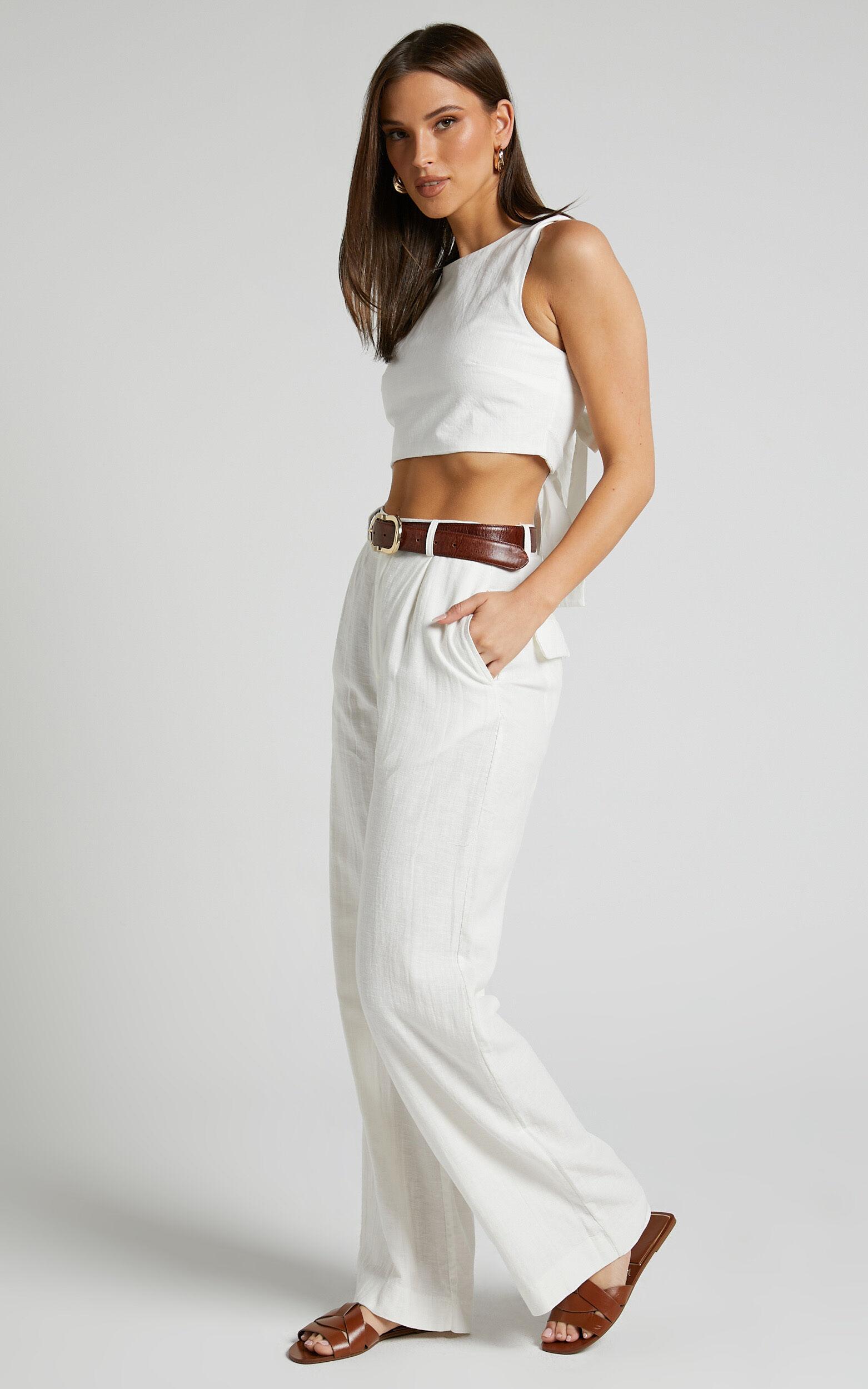 Larissa Trousers - Linen Mid Waisted Relaxed Straight Leg Trousers in White Product Image