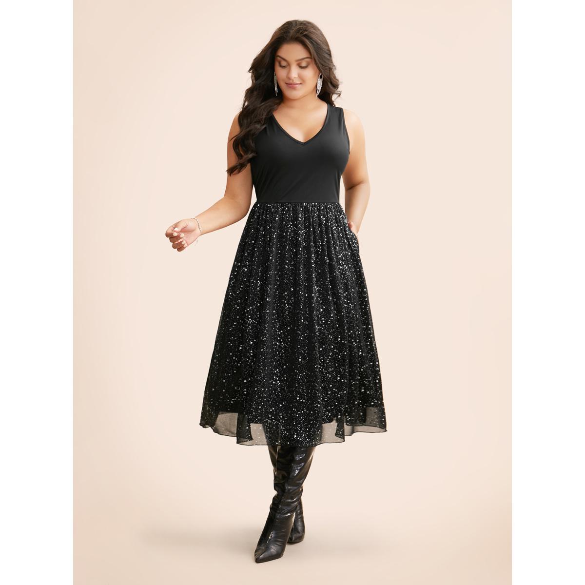 Plus Size V Neck Glitter Patchwork Tank Dress Black Women Cocktail Texture Party Curvy Bloomchic 26/4X Product Image