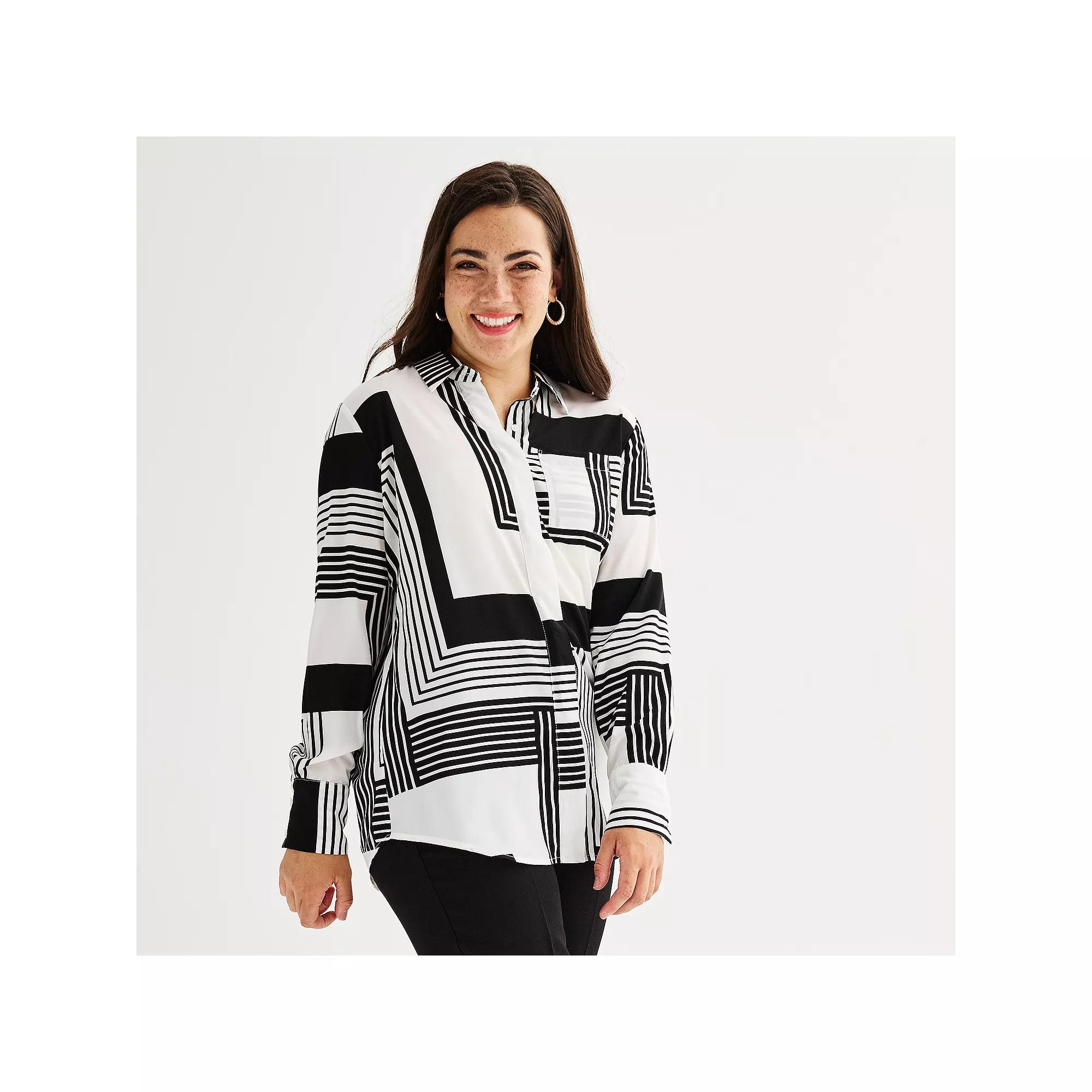 Women's Nine West Adaptive Drapey Satin Magnetic Closure Long Sleeve Shirt, Size: Medium, Linework Geo Product Image