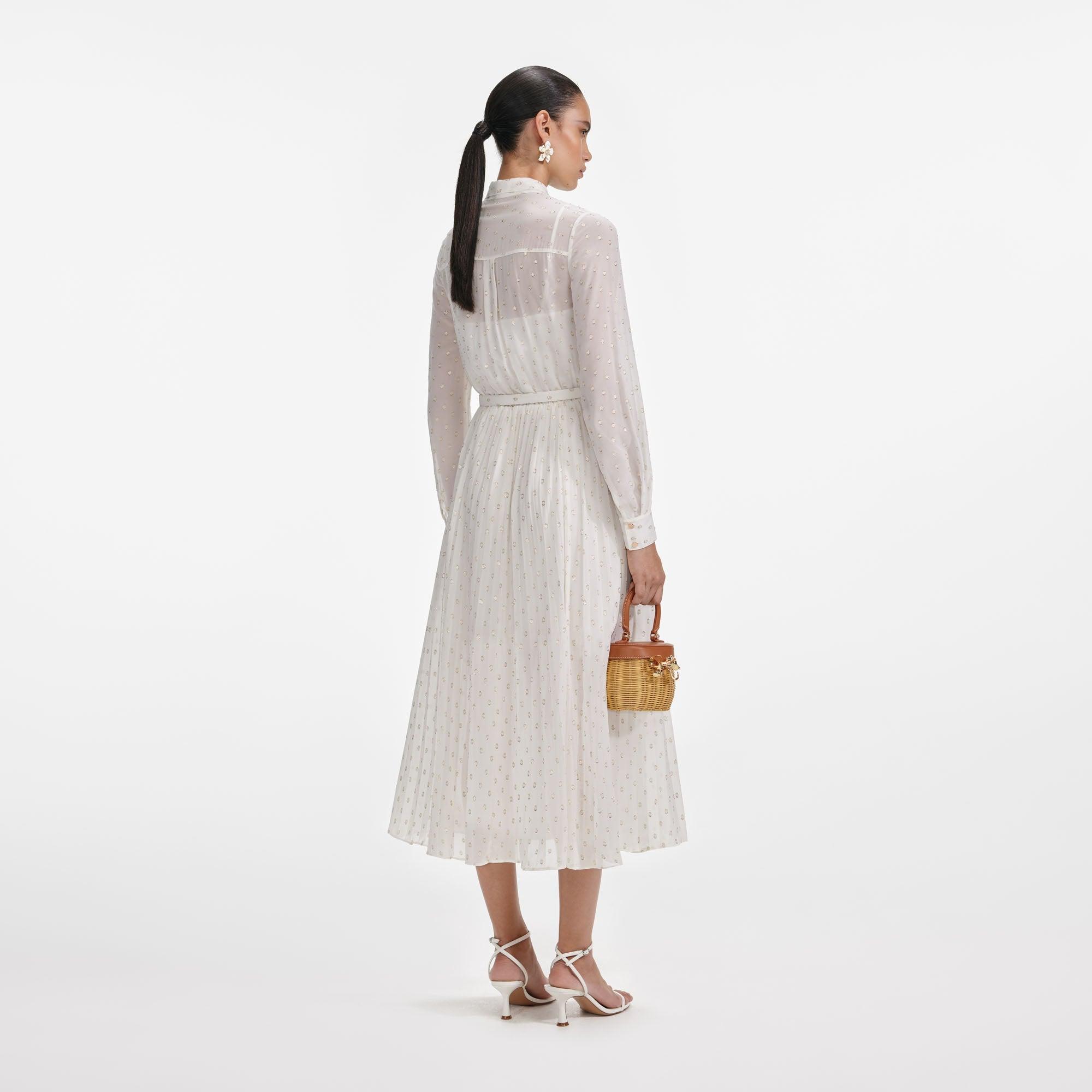 Cream And Gold Pussy Bow Midi Dress Product Image