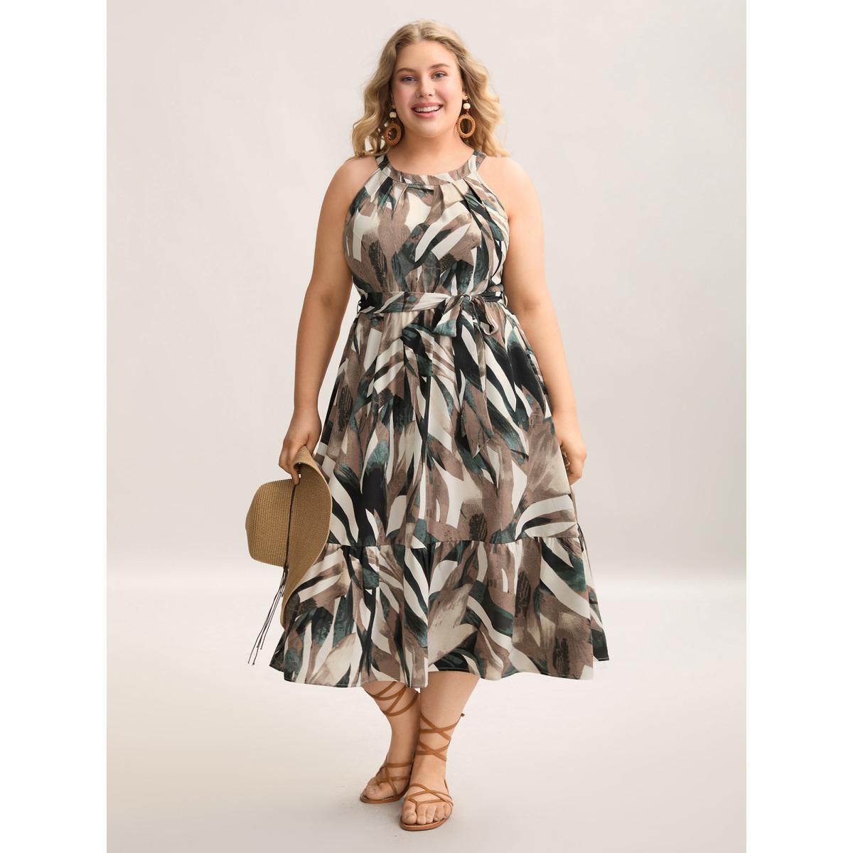 Plus Size Leaf Print Halter Neck Tiered Midi Dress DarkGreen Women Resort Belted Round Neck Sleeveless Curvy BloomChic 30/6X Product Image
