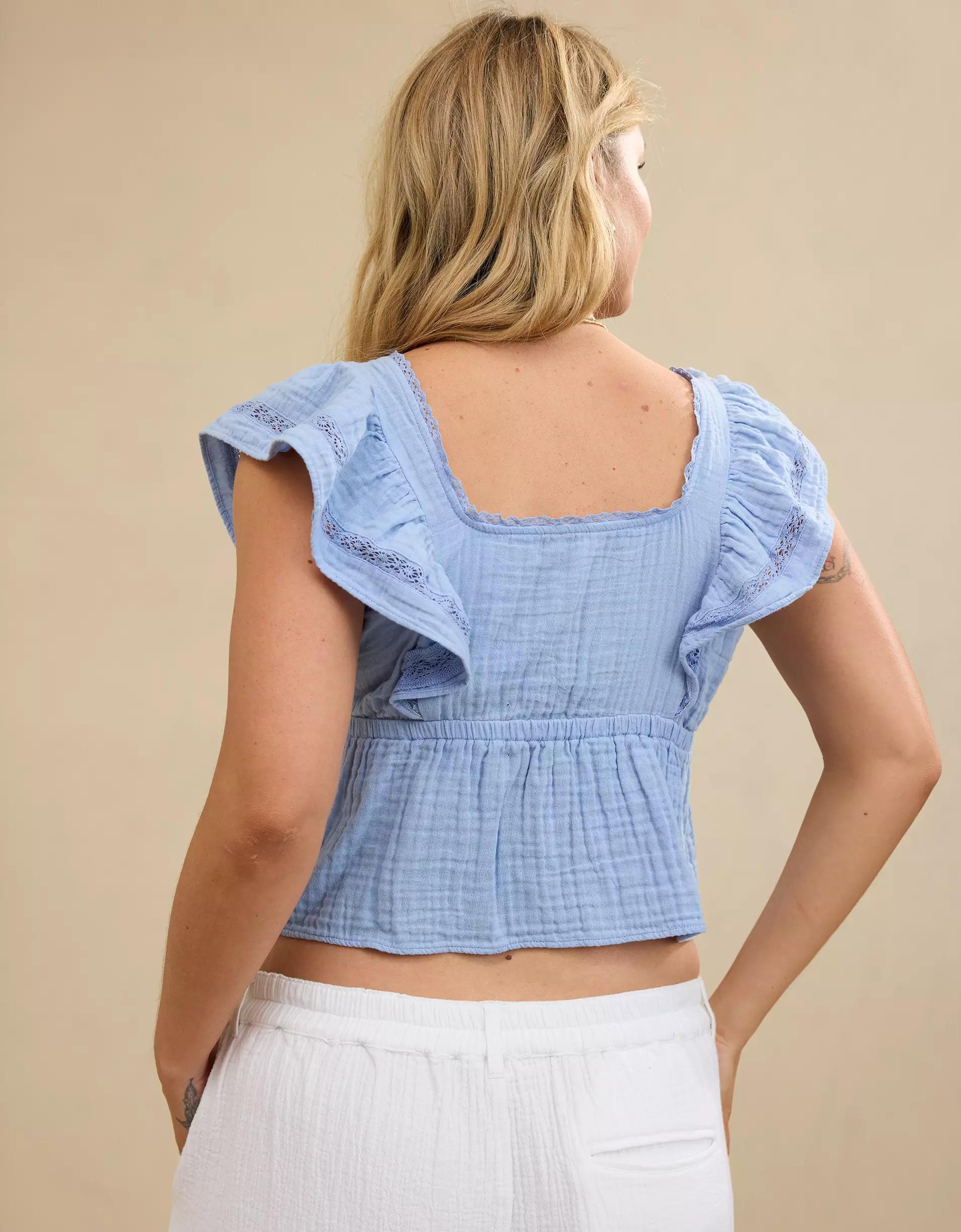 Aerie Button Front Ruffle Sleeve Top Product Image