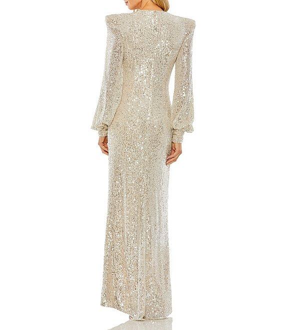 Mac Duggal Deep V-Neck Bishop Sleeve Sequined Gown Product Image