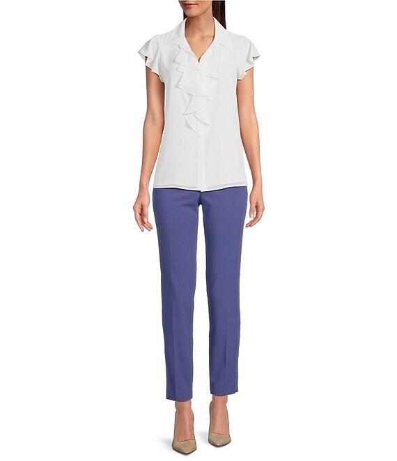 Calvin Klein Georgette Point Collar Cap Sleeve Ruffle Front Blouse Product Image