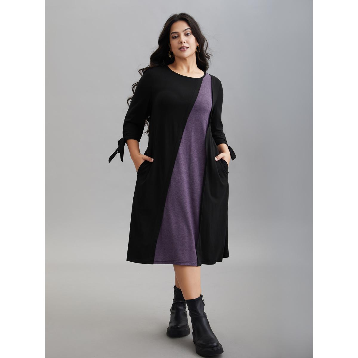 Plus Size Color Block Tie-Knot Fitted Midi Dress Black Women Casual Tie knot Knit Dresses Bloomchic 14-16/1X Product Image