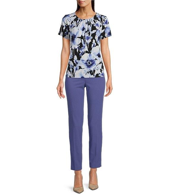 Calvin Klein Printed Matte Jersey Pleated Crew Neck Short Sleeve Blouse Product Image