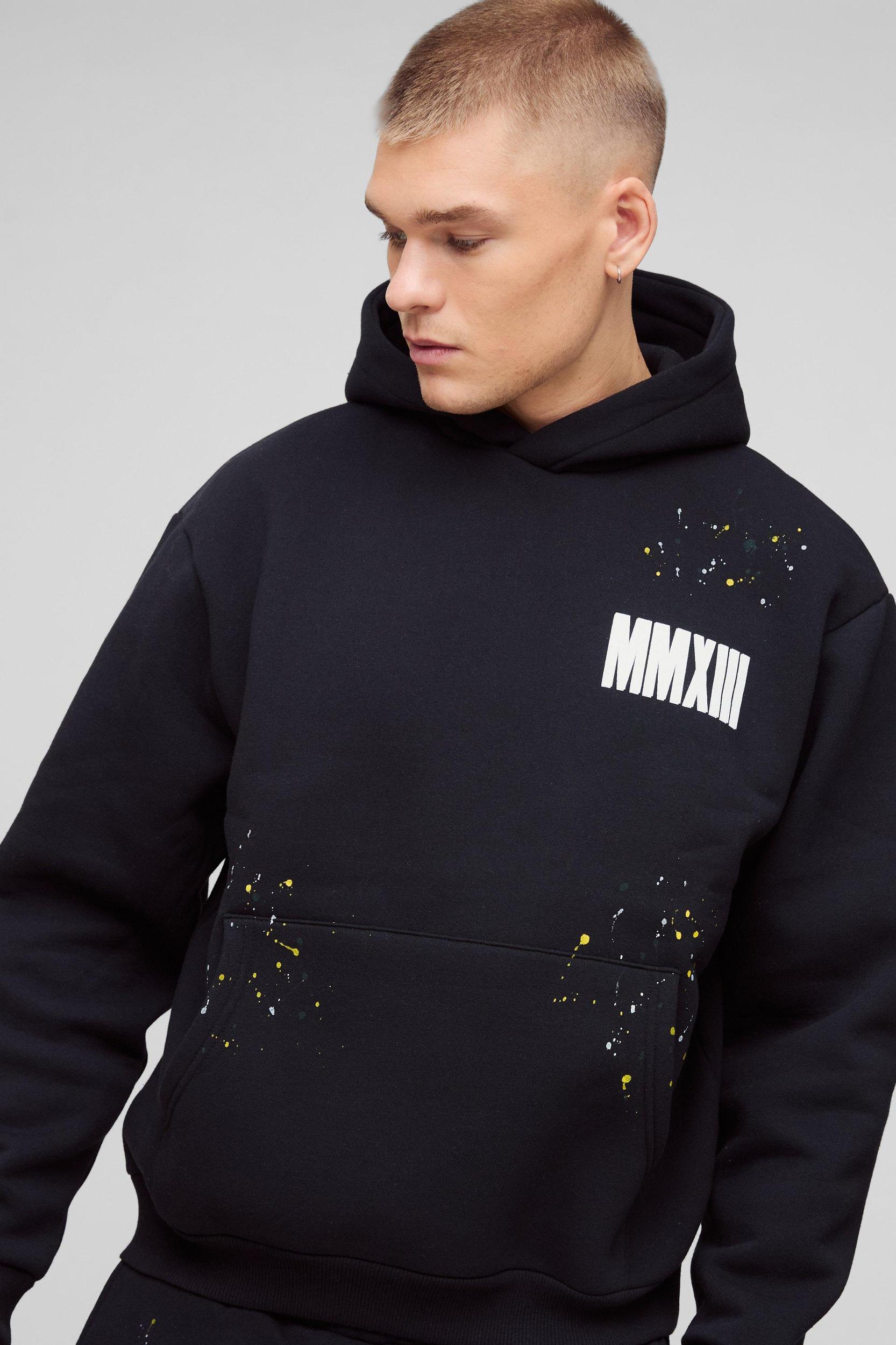 Oversized Boxy Man Paint Splatter Gusset Hooded Tracksuit | boohooMAN USA Product Image