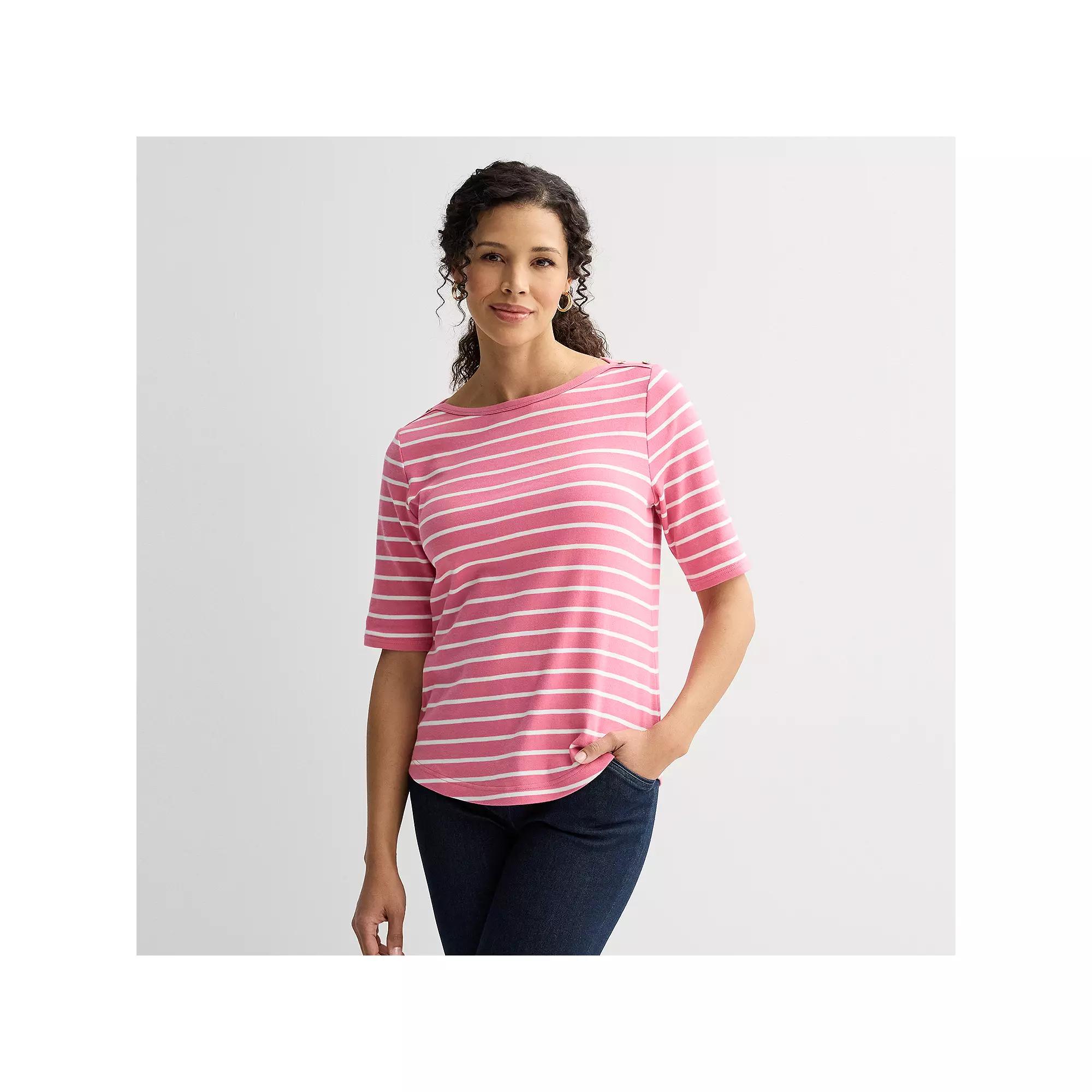 Women's Croft & Barrow® Binded Neck Bateau Elbow Sleeve T-Shirt, Size: Small, Pink White Stripe Product Image