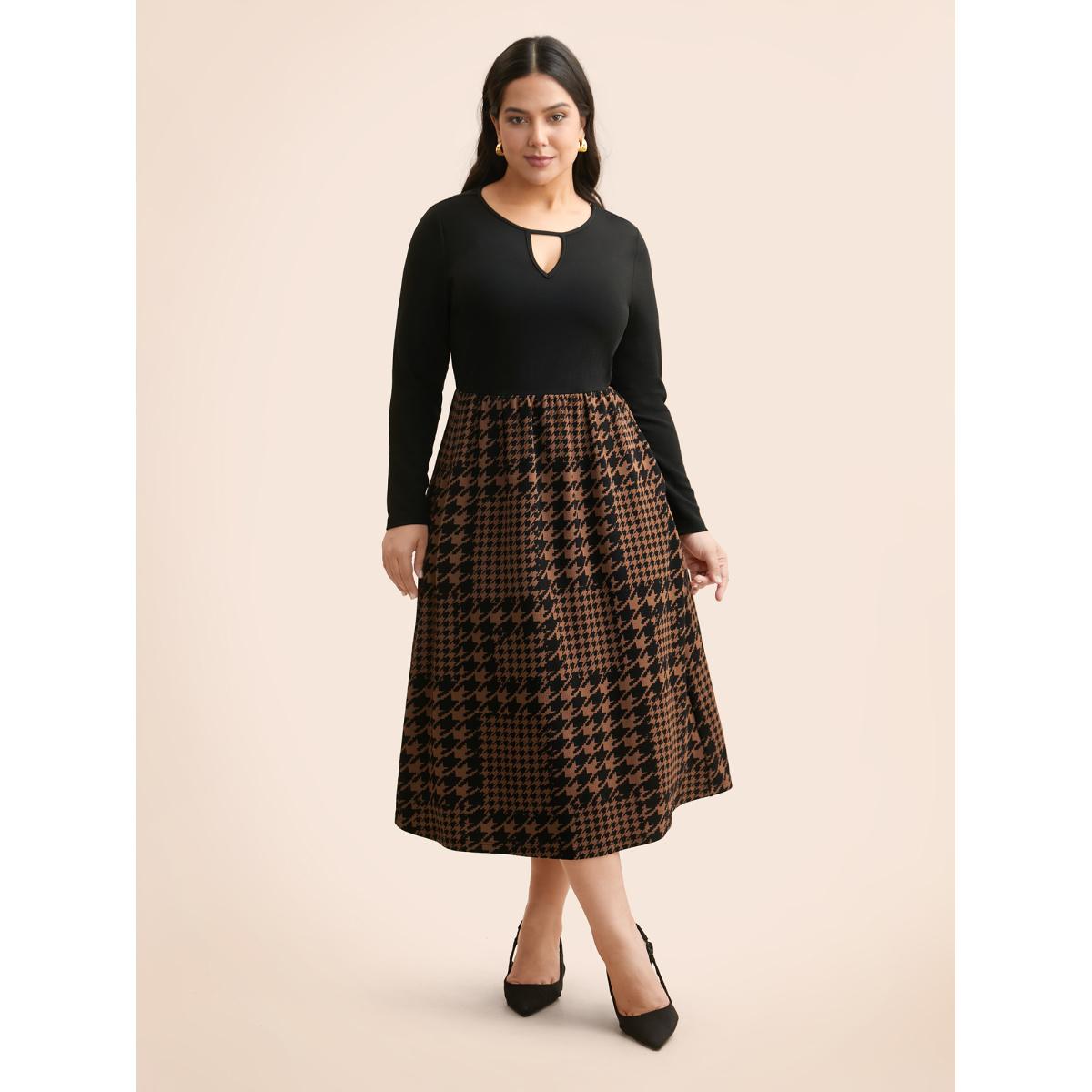 Plus Size Houndstooth Patchwork Cut Out Midi Dress Browncoffeecolor Women At the Office Patchwork Round Neck Long Sleeve Curvy BloomChic 14-16/1X Product Image