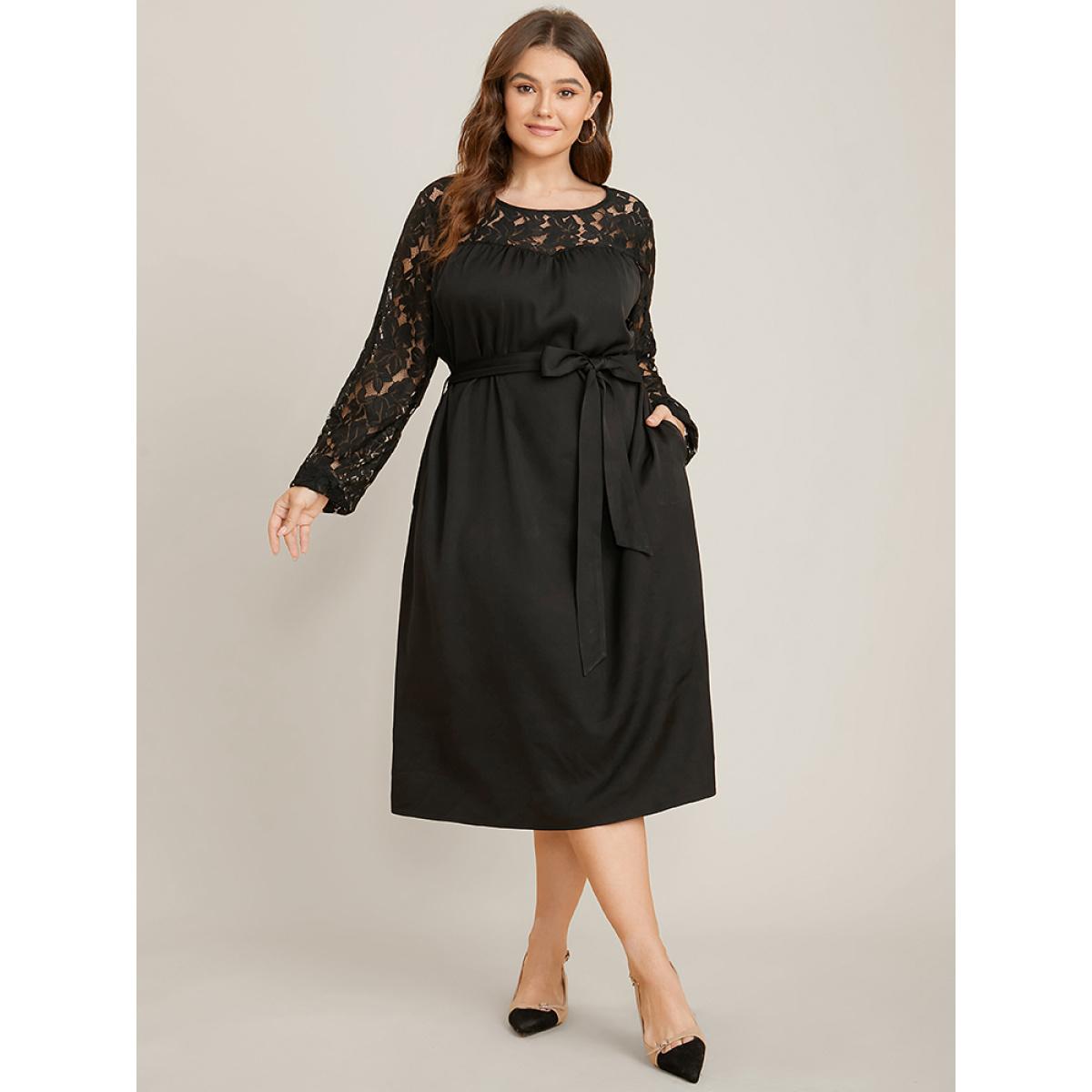 Plus Size Solid Round Neck Belted Contrast Lace Midi Dress Black Women Glamour Patchwork Round Neck Long Sleeve Curvy Midi Dress BloomChic 22-24/3X Product Image