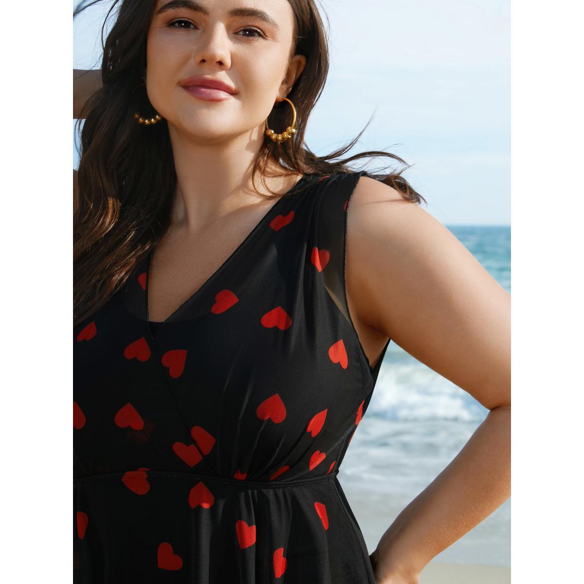 Plus Size Sheer Hearts Mesh Wrap Neck Swim Dress Women's Swimwear Black Beach Bodycon Overlap Collar High stretch Curve Swim Dresses BloomChic 26/4X Product Image