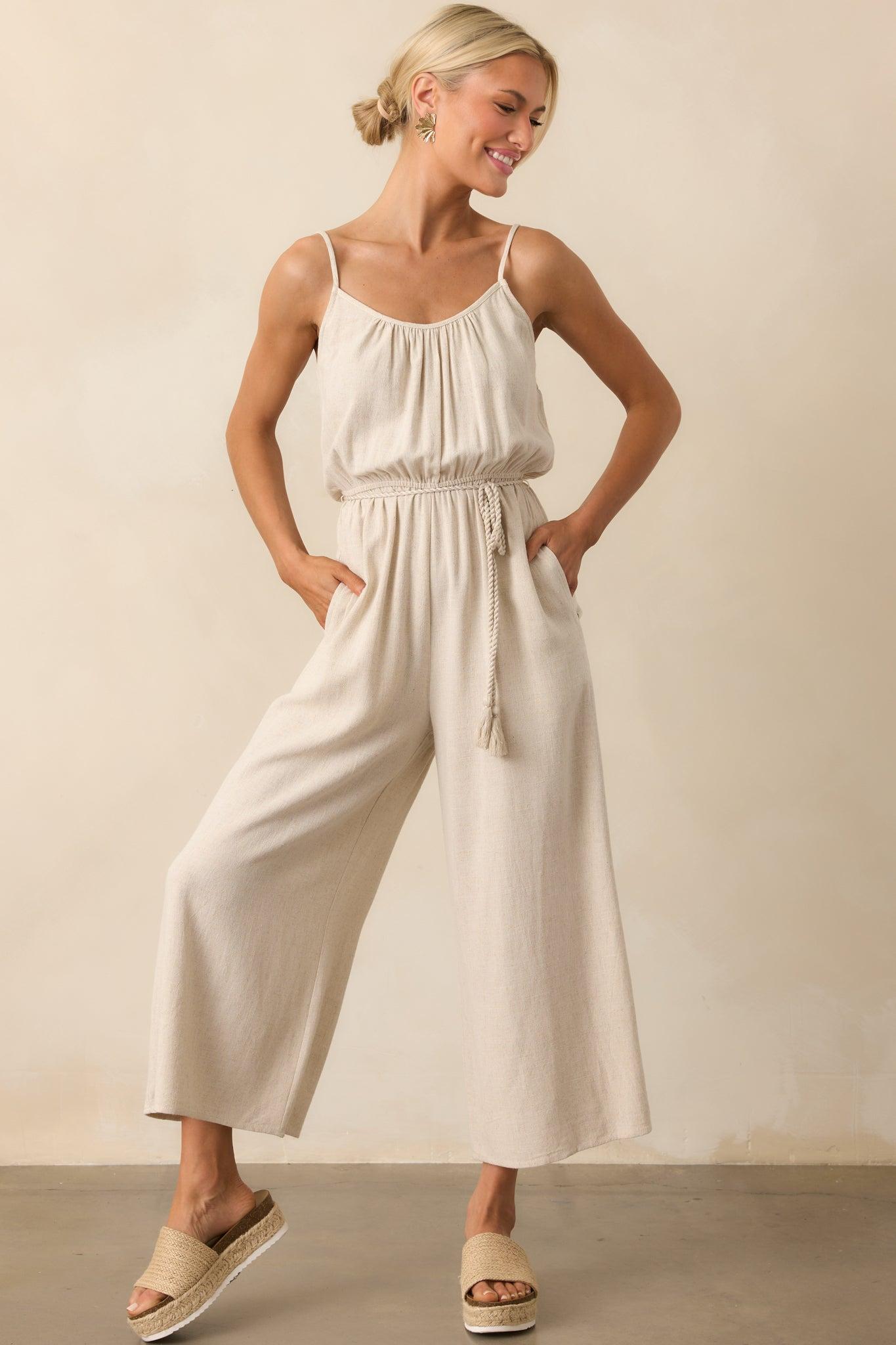 As Simple As That Natural Linen Blend Sleeveless Jumpsuit Product Image