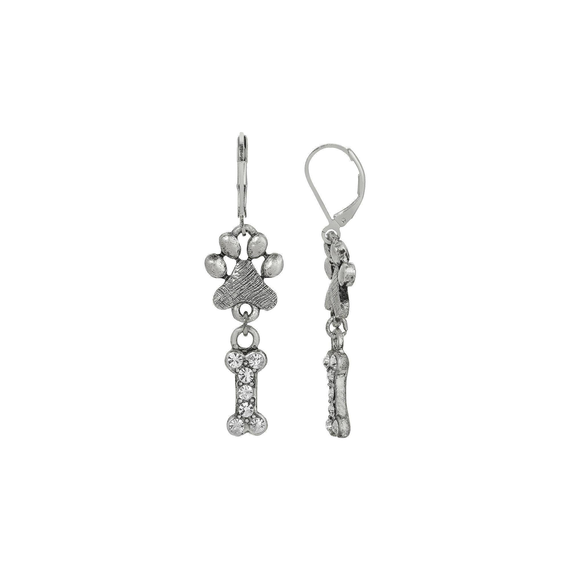 1928 Silver Tone Crystal Paw & Bone Drop Earrings, Womens, Gray Product Image