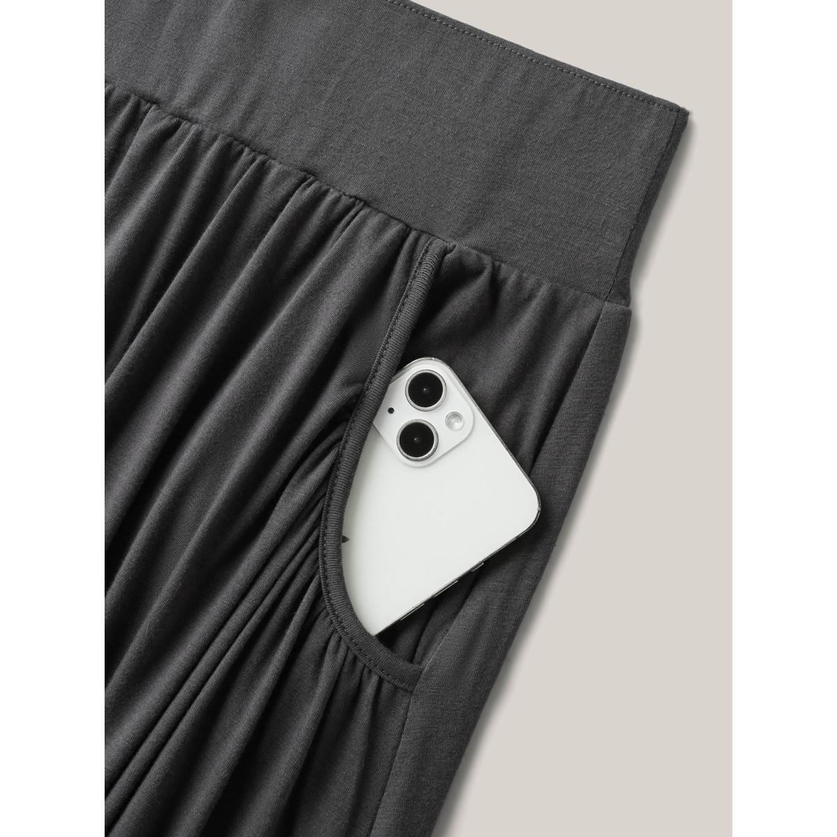 Plus Size Supersoft Wide Waistband Pleated Plain Midi Skirt Women DimGray Elegant Gathered Medium stretch Slanted pocket Everyday Skirts BloomChic 26/4X Product Image