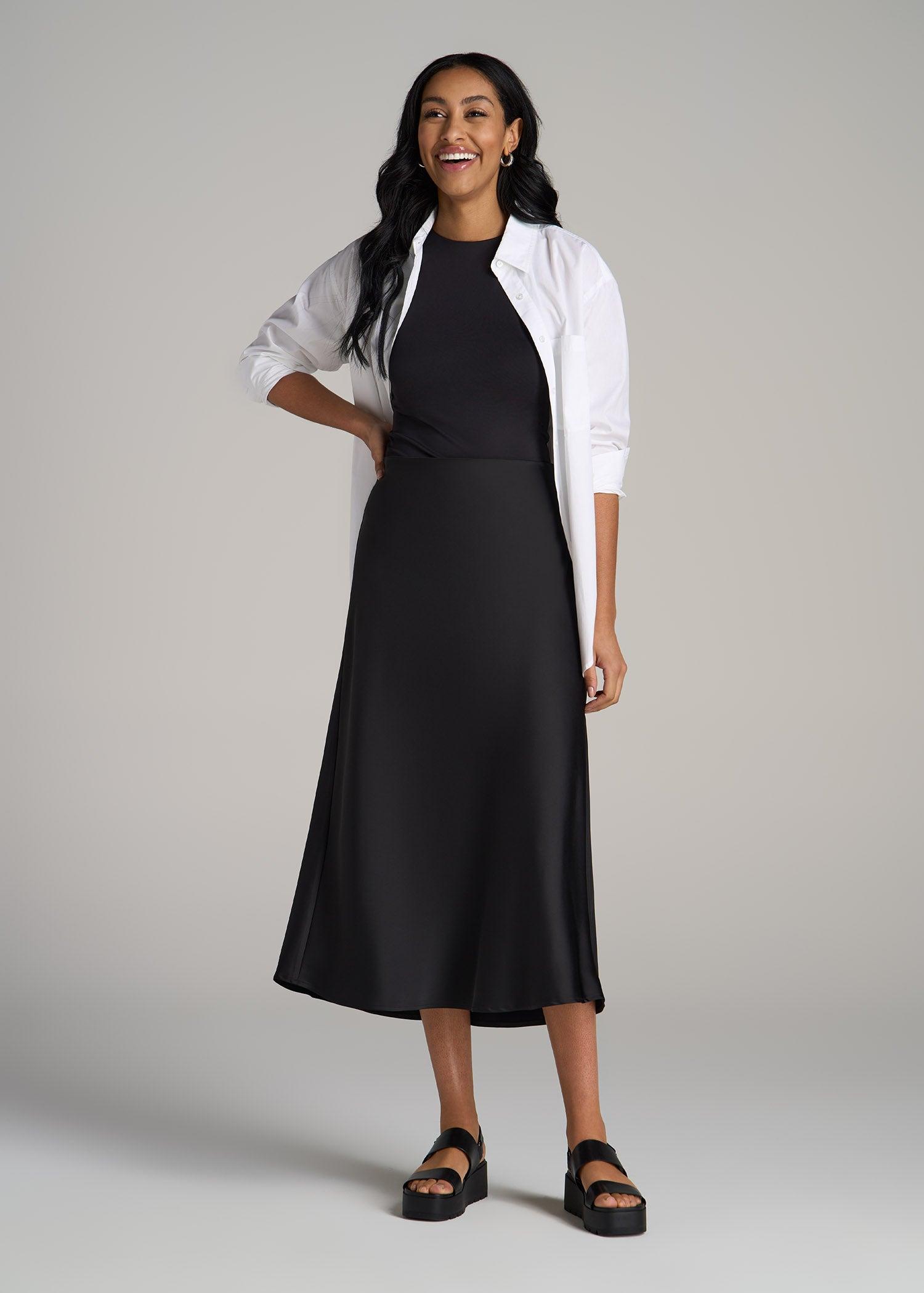 Pull-On Satin Midi Skirt for Tall Women in Black Female Product Image