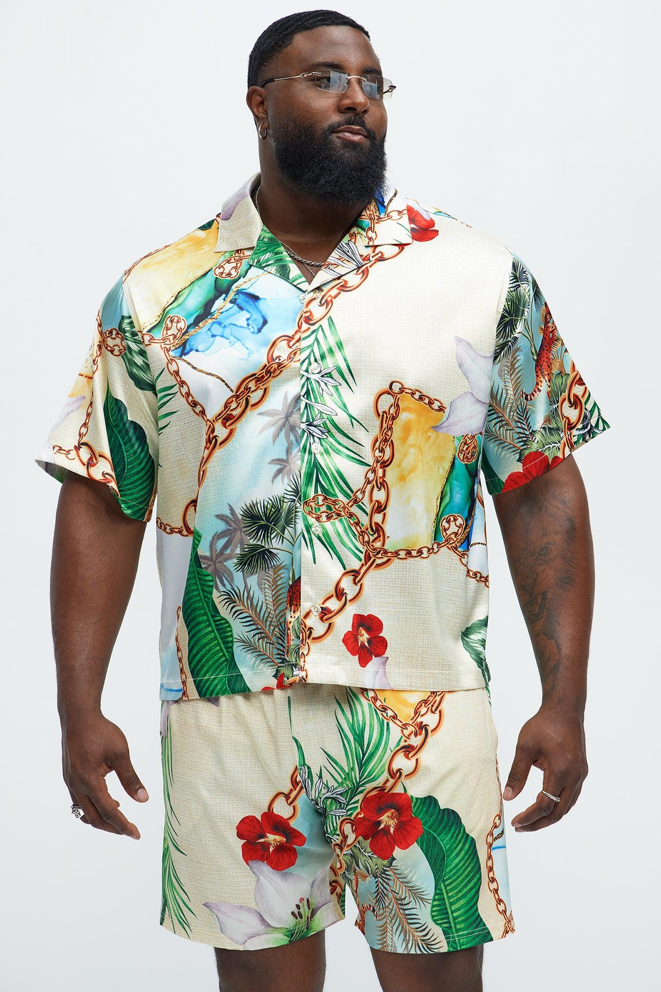 Palms And Chains Printed Cuban Collar Shirt - Multi Color Product Image