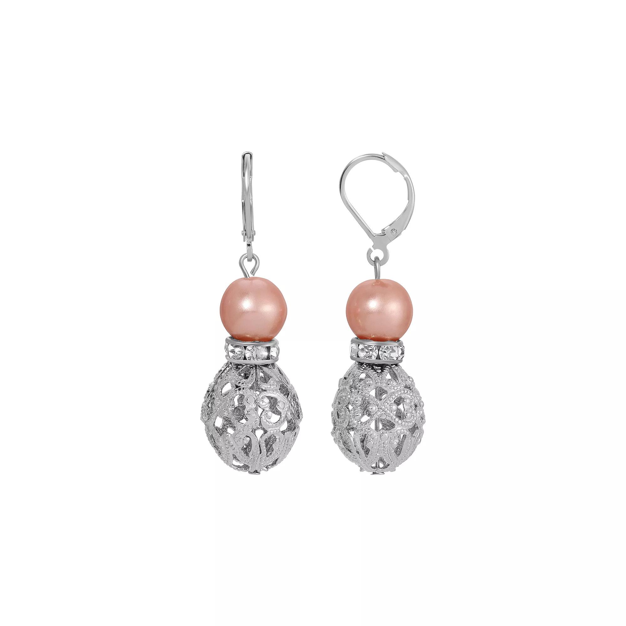 1928 Silver Tone Filigree Faux Pearl Drop Earrings, Womens, Beige Product Image