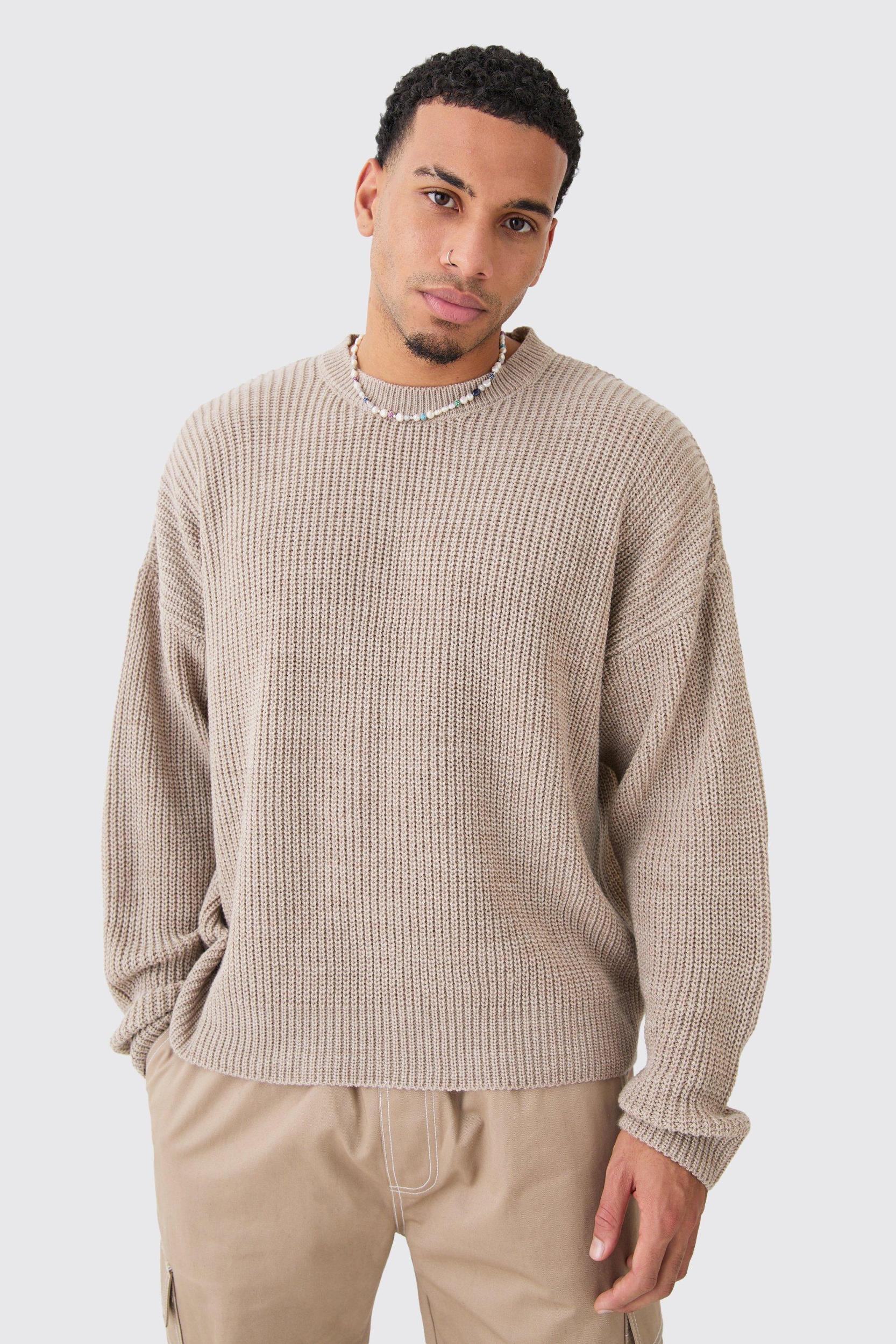 Boxy Crew Neck Ribbed Knitted Sweater | boohooMAN USA Product Image