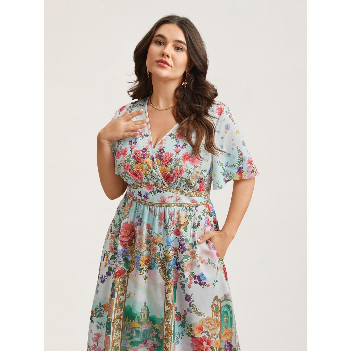 Plus Size Floral Print Wrap-Neck Flared Sleeve Maxi Dress Ivory Women Romantic Non Overlap Collar Short sleeve Curvy BloomChic 14-16/1X Product Image