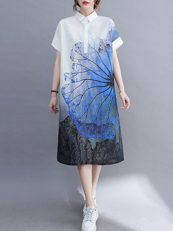 Artistic Retro Floral Printed Buttoned Lapel Collar Short Sleeves Midi Shirt Dress Product Image