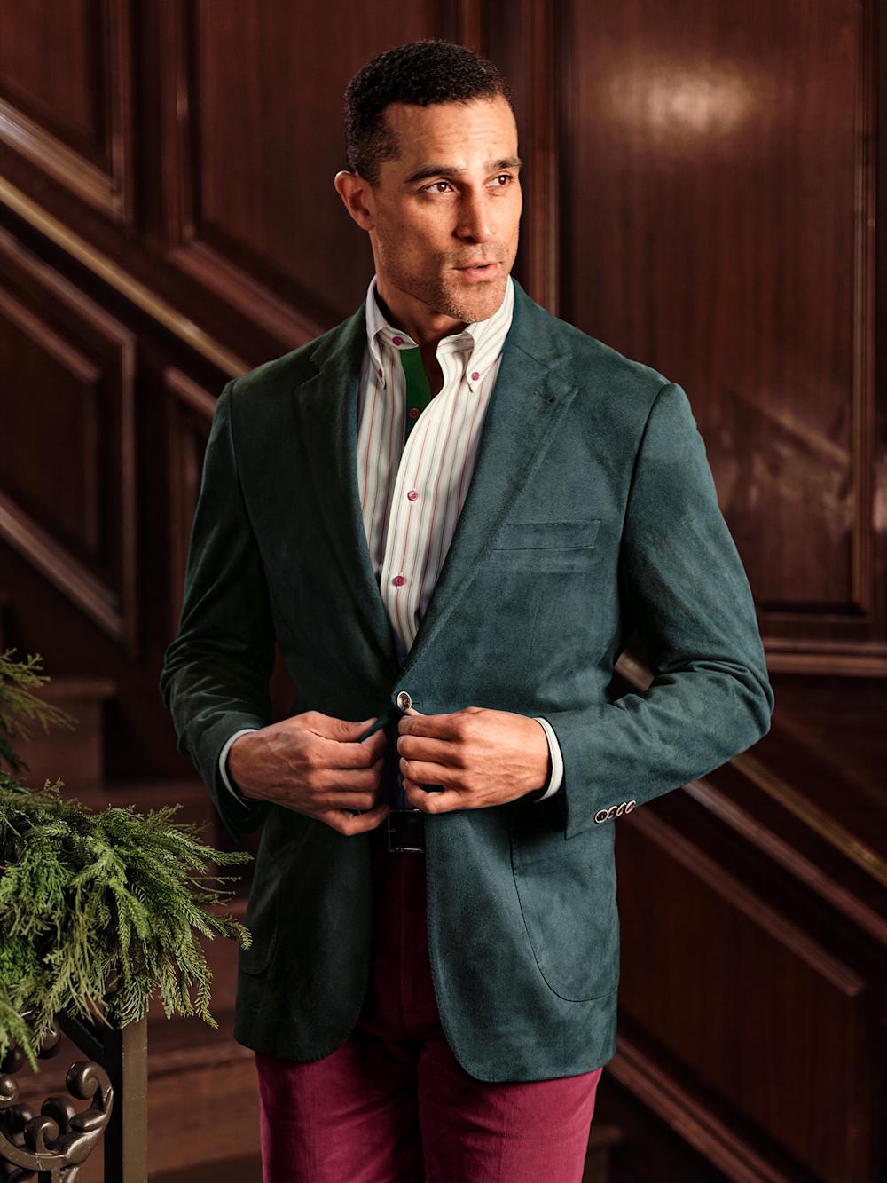 Microsuede Single Breasted Notch Lapel Sport Coat - Dark Green Product Image
