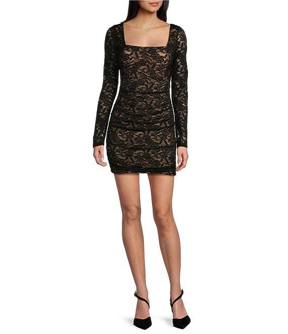 City Vibe Long Sleeve Lace-Glitter Square Neck Lace-Up Back Dress Product Image