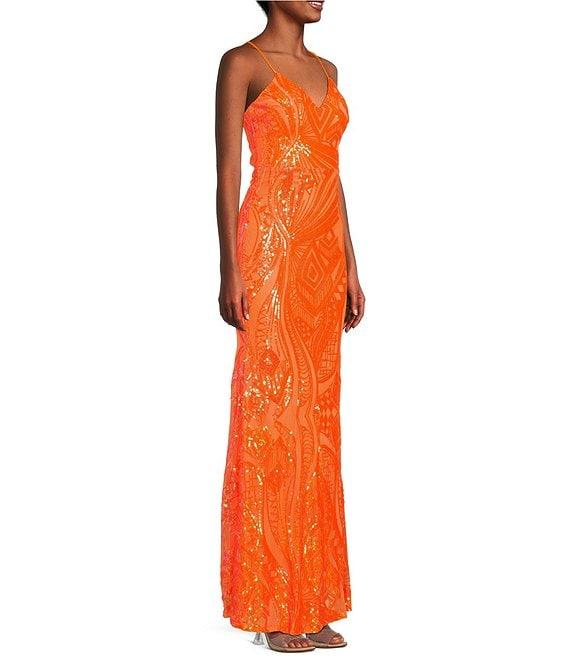 Midnight Doll Patterned Sequin Spaghetti Strap V-Neck Lace-Up Back Dress Product Image