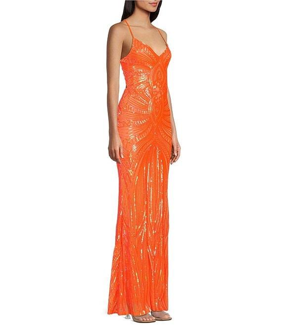 B. Darlin Sequin Pattern V-Neck Spaghetti Strap Lace Up Back Dress Product Image