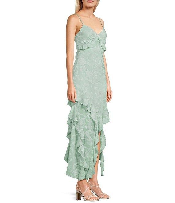 Allison & Kelly Floral Jacquard V-Neck Cascading Ruffle Tiered Dress Product Image
