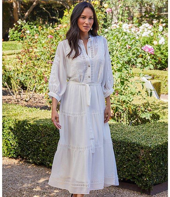 Karen Kane Embroidered Crew Neck 3/4 Bishop Cuffed Sleeve Belted Tiered Midi Shirtdress Product Image