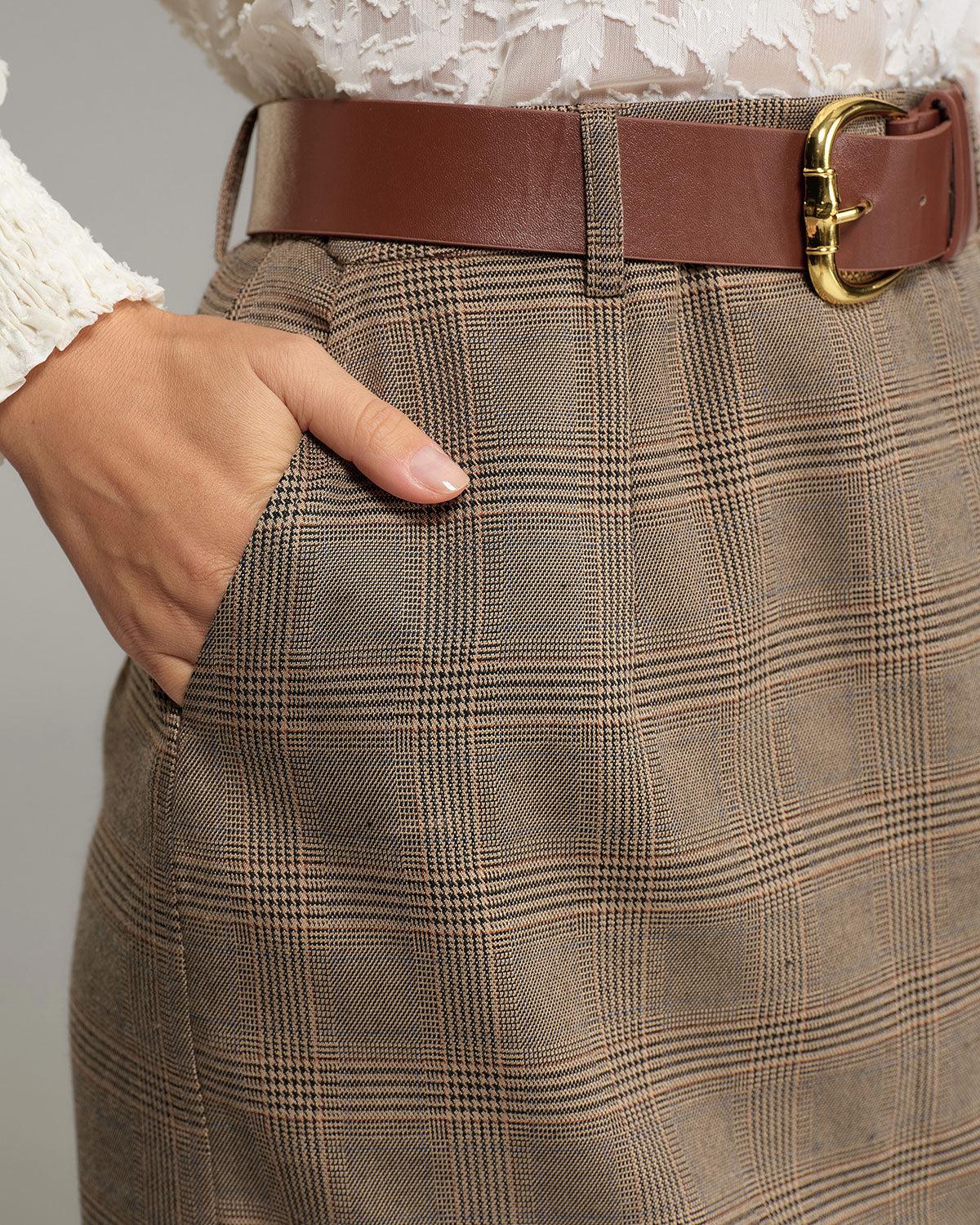 Khaki Plaid Natural Waisted Pencil Skirt Product Image