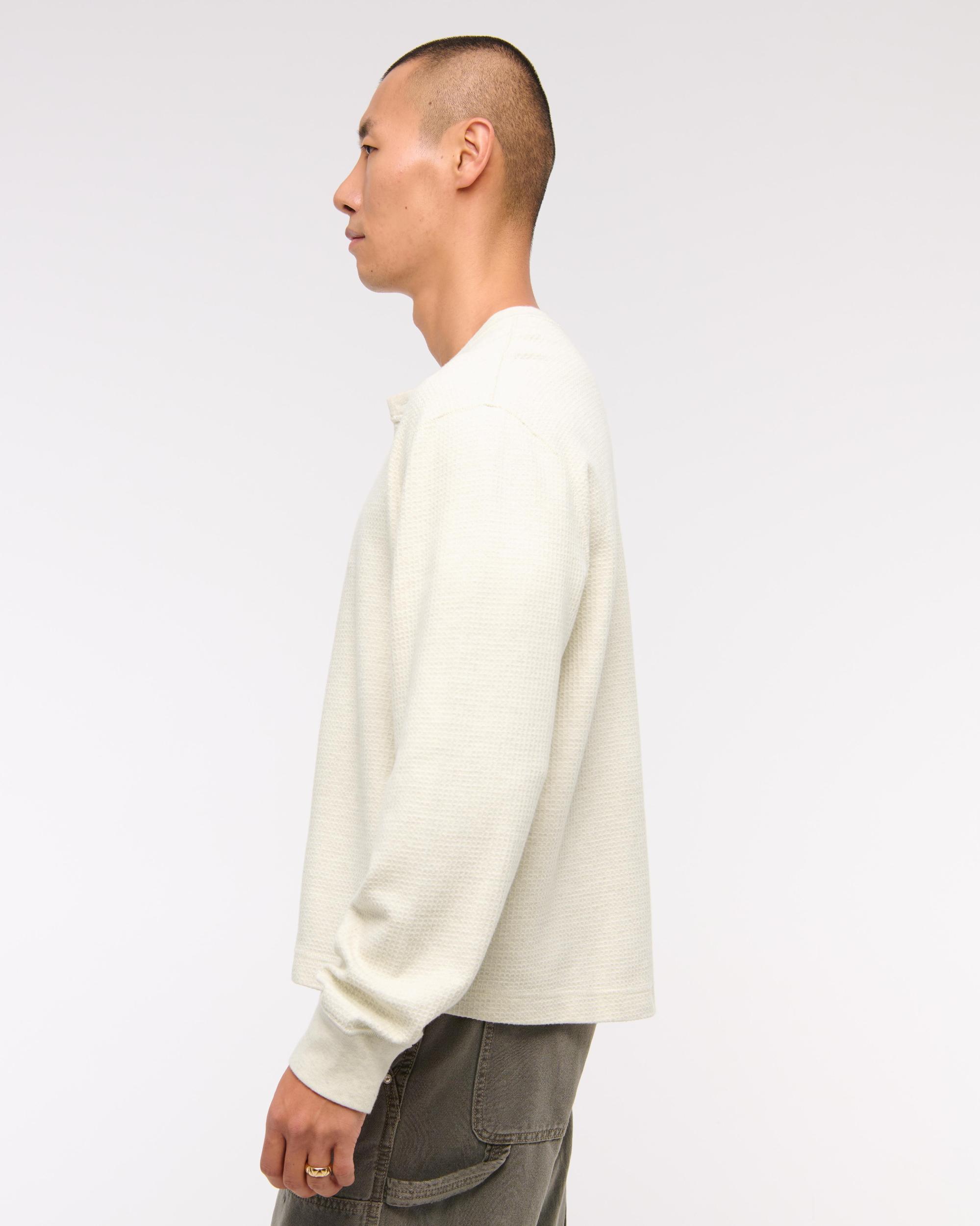 Long-Sleeve Grid Waffle Cropped Henley Product Image