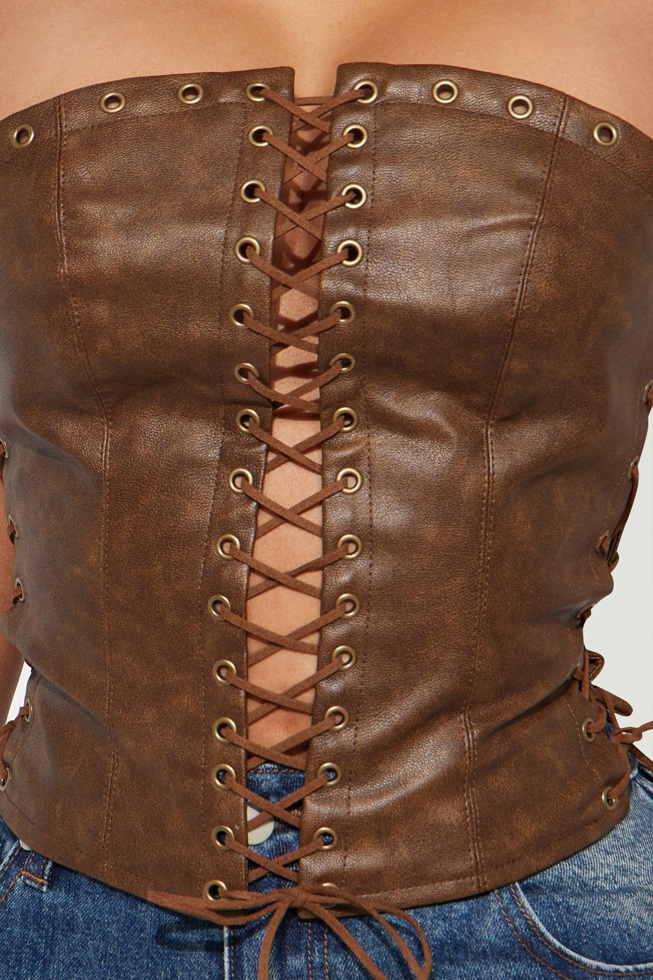 A Piece Of Work Faux Leather Lace Up Top - Brown Product Image