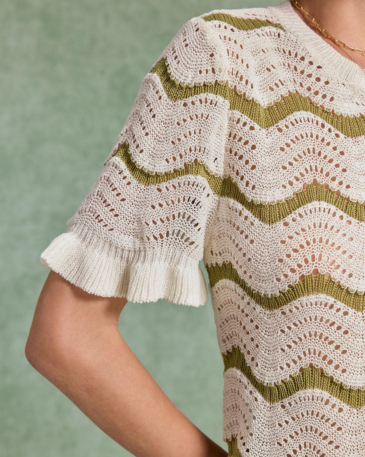 White Striped Round Neck Crochet Sweater Product Image