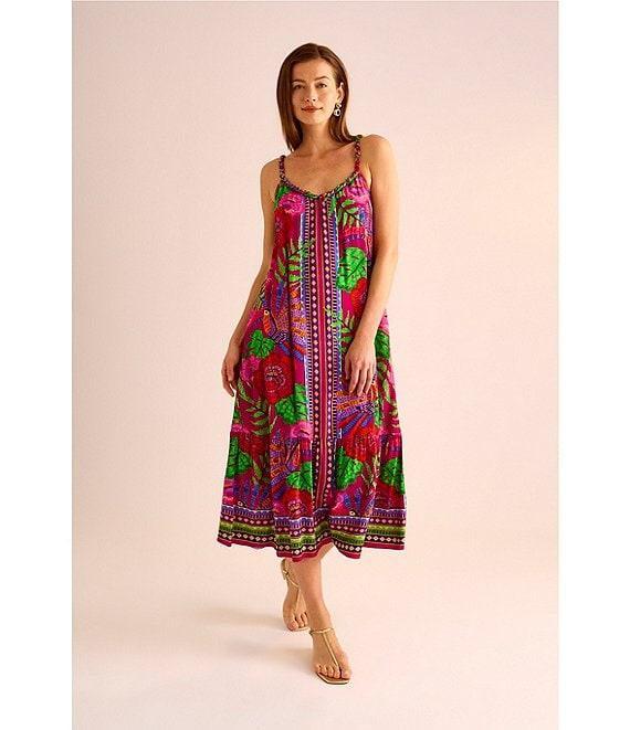 Vince Camuto Woven Printed Braided Scoop Neck Sleeveless Midi Dress Product Image